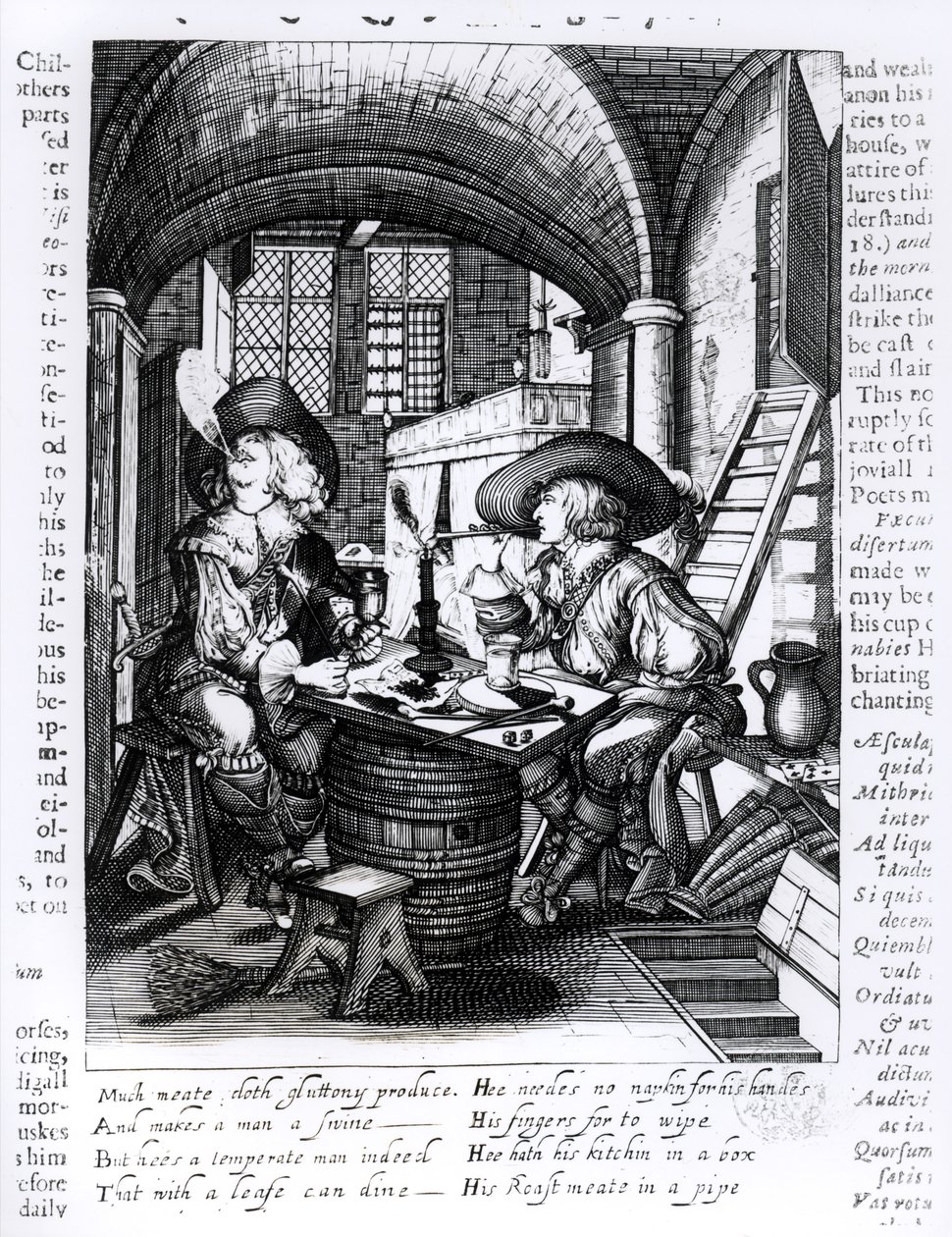Dva mladí šlechtici kouří, ilustrace pro kouření z doby vlády Jakuba I. (1566-1625) od English School