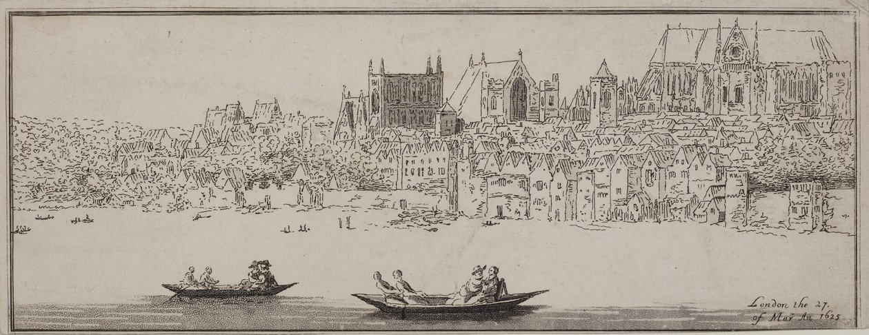 Pohled na Westminsterské opatství a Westminsterský palác od řeky Temže s loděmi v popředí, cca 1750 (lept a akvatinta) od English School