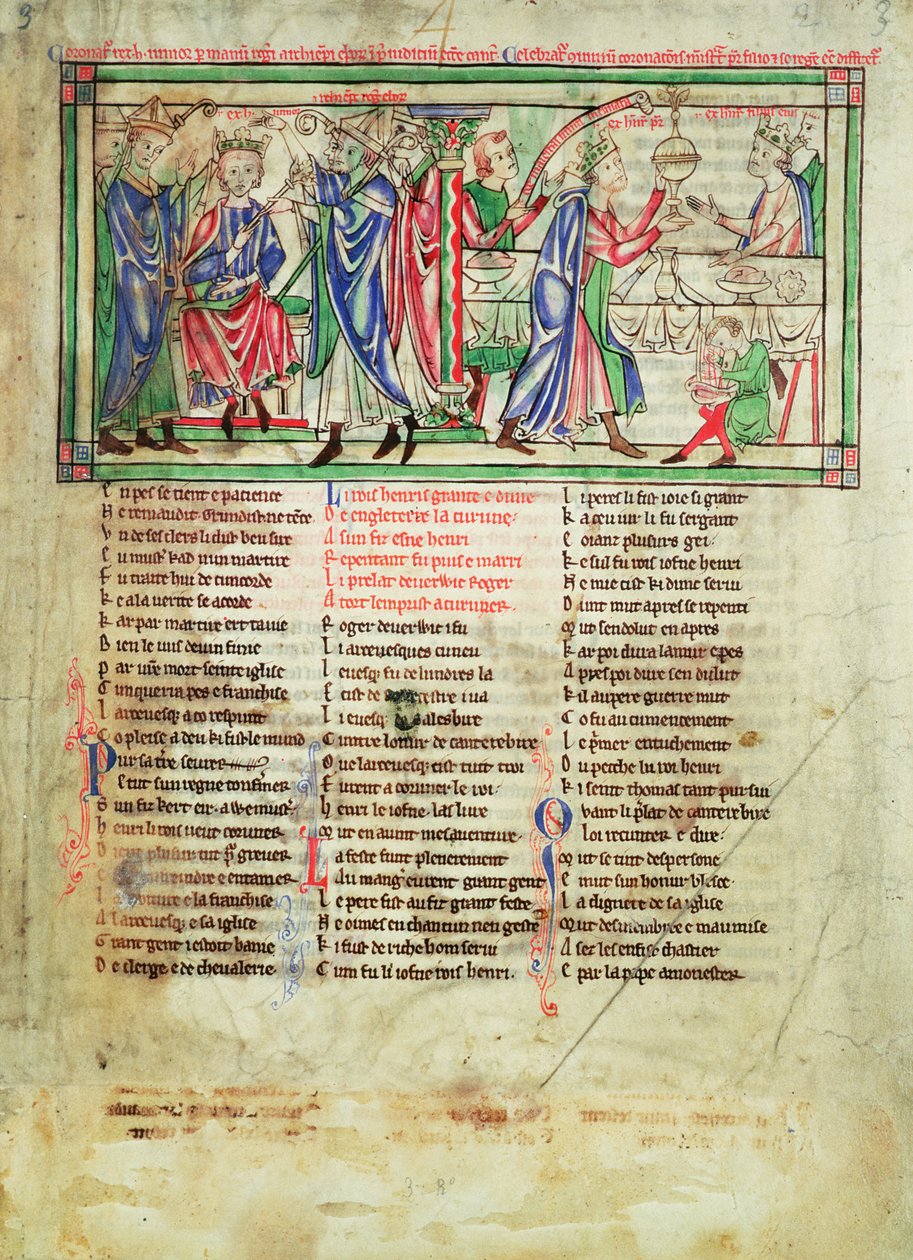 f.3 Korunovace syna krále Jindřicha II., nazývaného také Jindřich, Rogerem z Pont lEveque, arcibiskupem z Yorku v roce 1170, z Becketových listů, kolem 1220-40 od English School