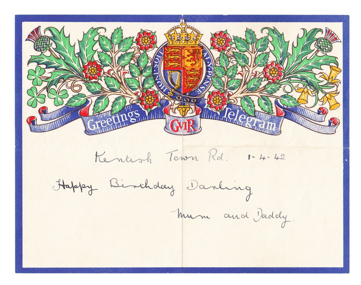 Telegram blahopřání k narozeninám, kolem roku 1942 (barevné lito) od English School