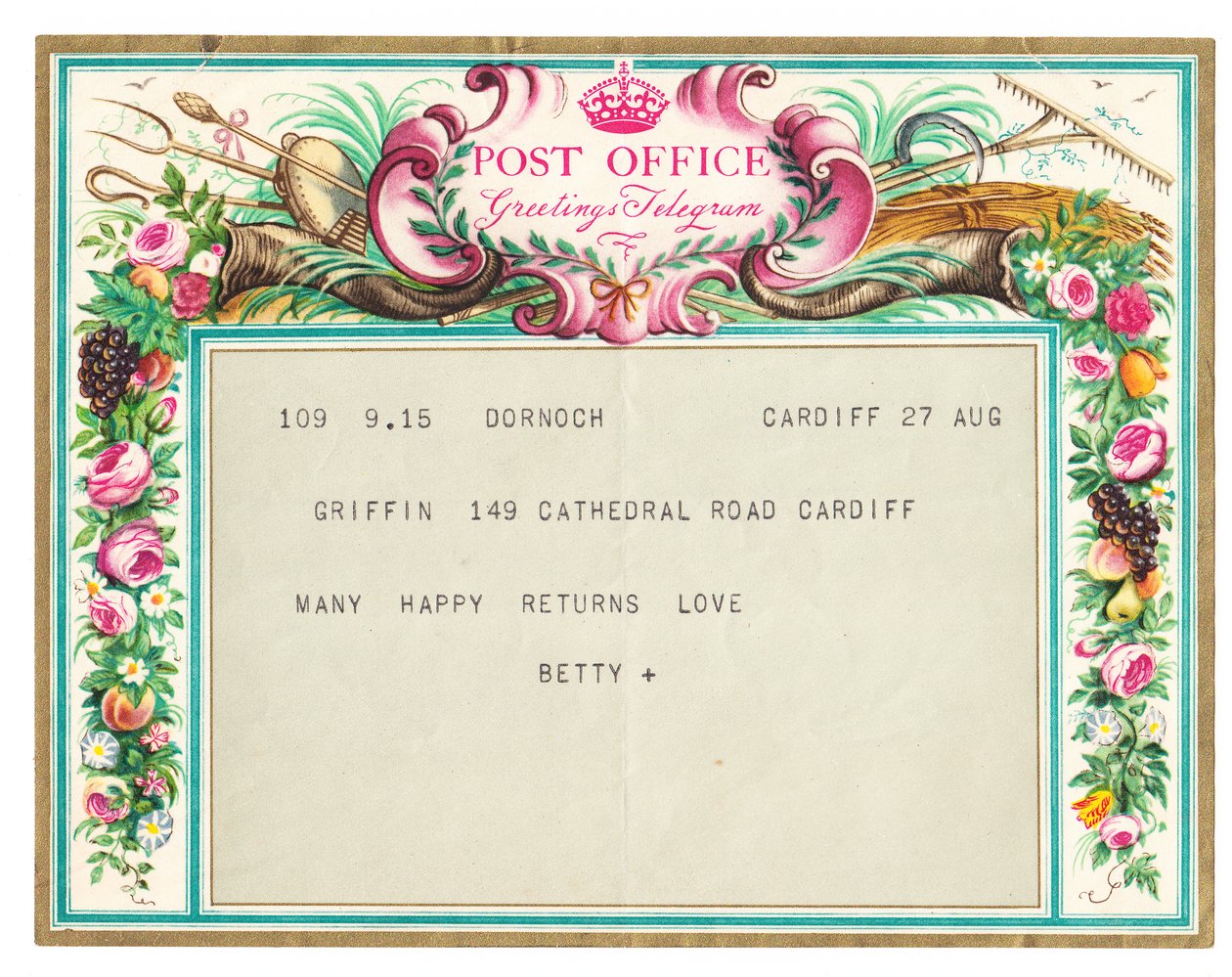 Telegram blahopřání k narozeninám, kolem roku 1950 (barevné lito) od English School