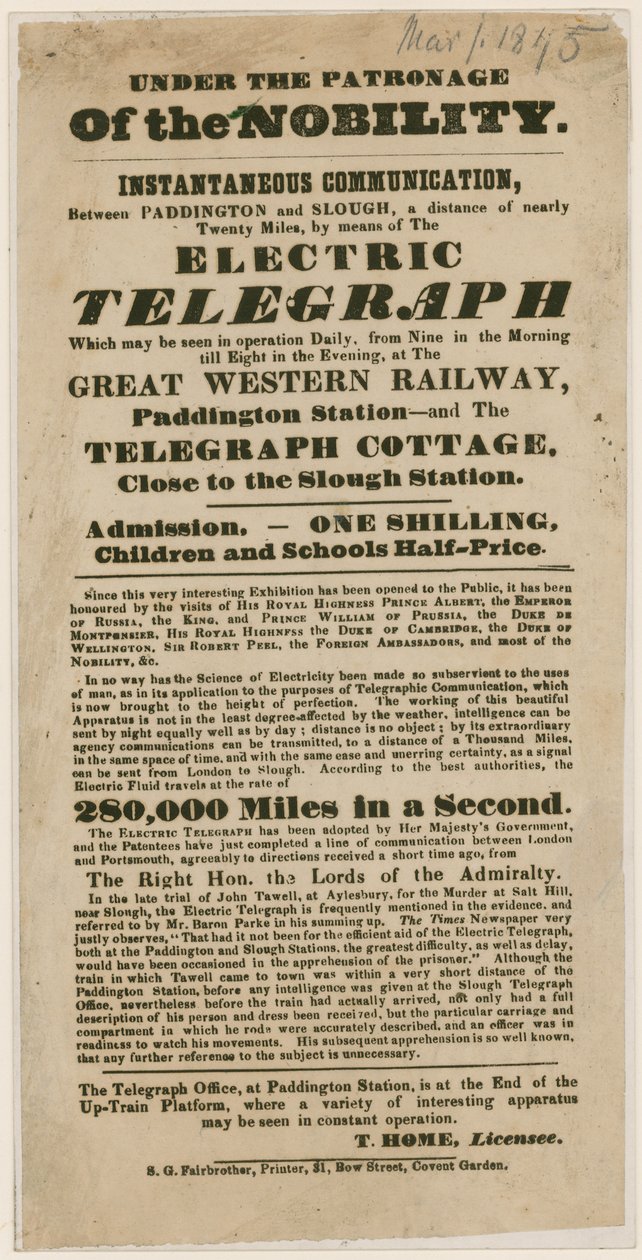 Demonstrace elektrického telegrafu, 1845 od English School