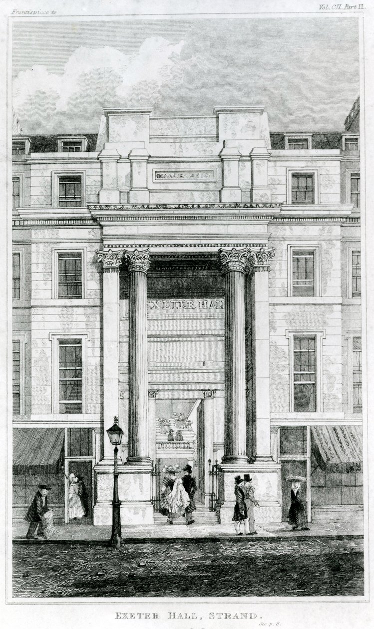 Exeter Hall, Strand, Londýn z Gentlemans Magazine od English School