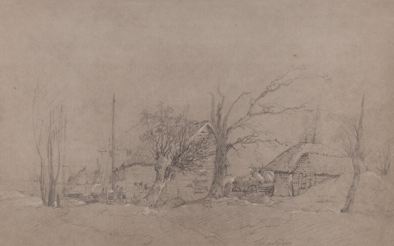 Hospodářské budovy u břehu řeky, c.1840 od English School