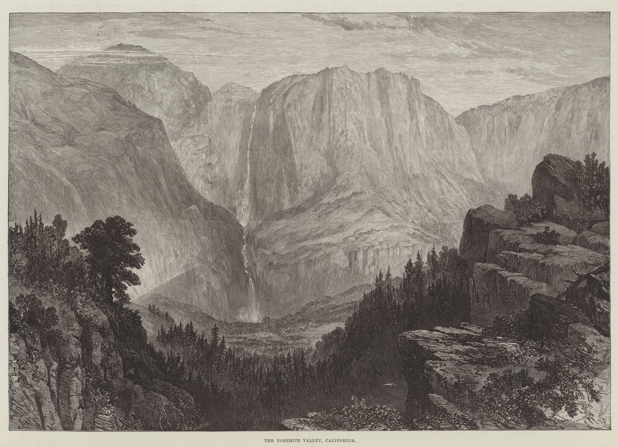 Yosemitské údolí, Kalifornie (rytina) od English School