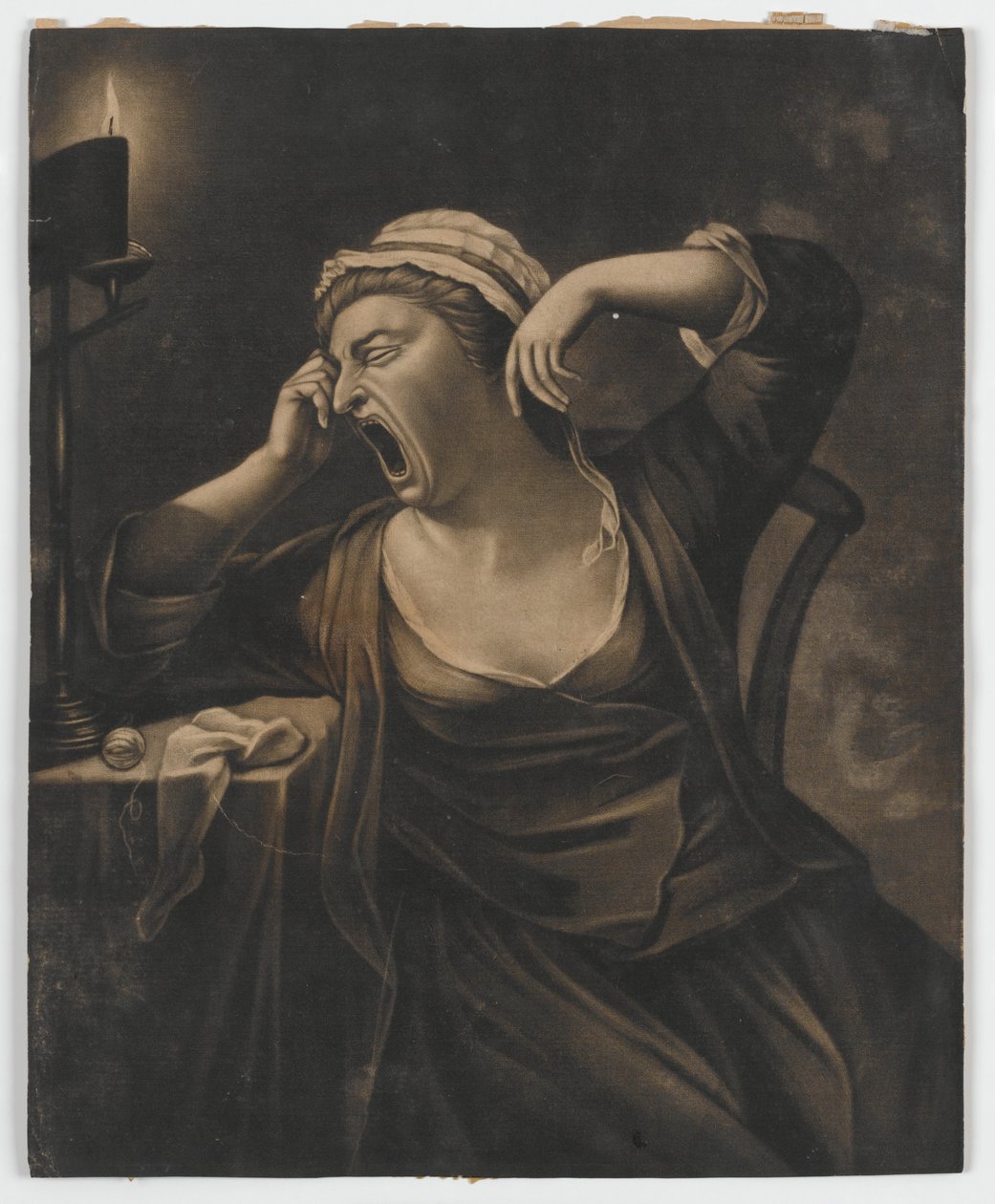 Bez názvu (žena zívá), kolem 1780 (mezzotinta) od English School