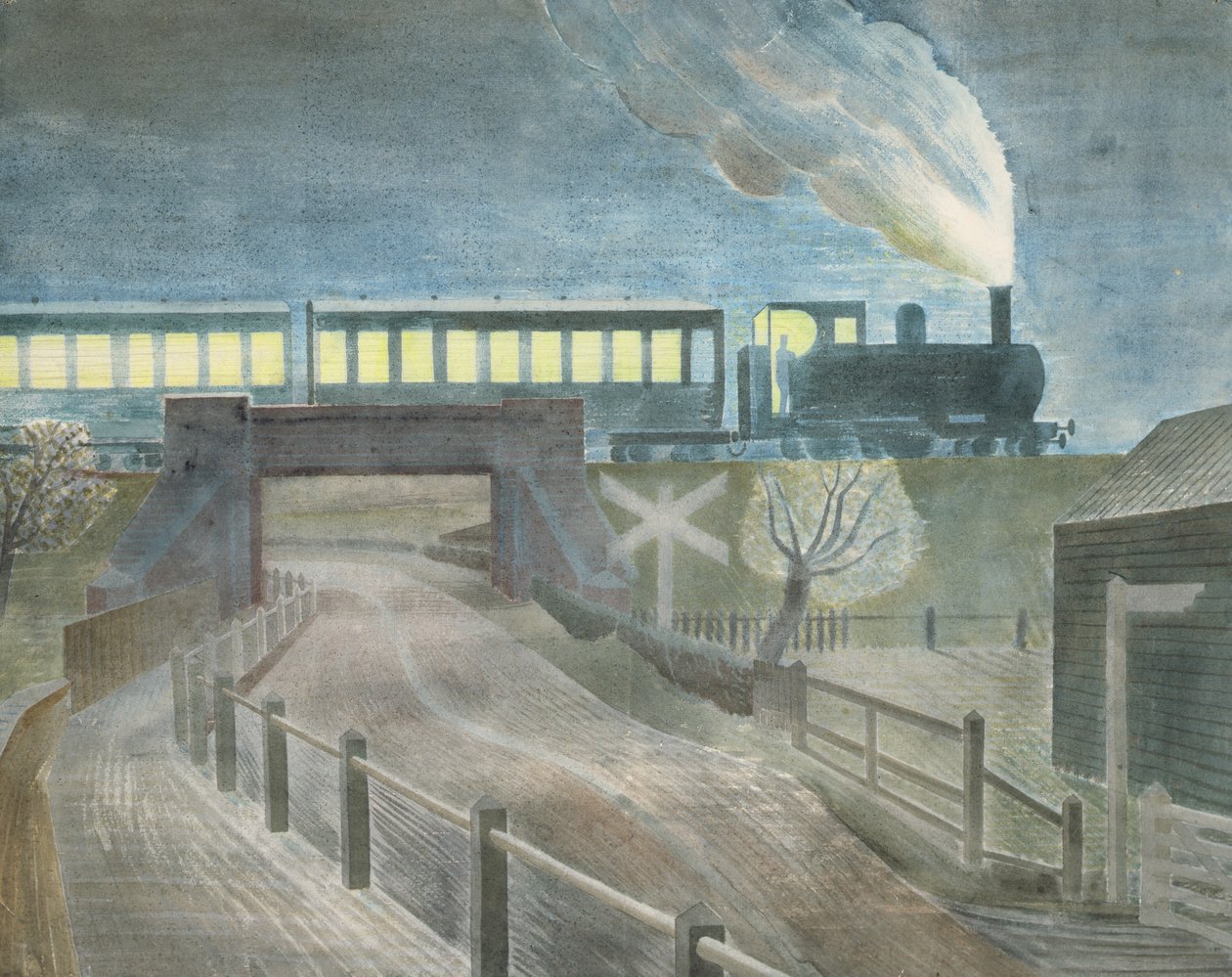 Vlak jede přes most v noci od Eric Ravilious
