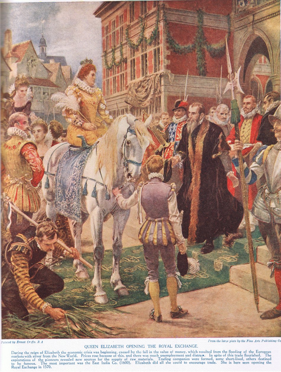 Královna Alžběta I. otevření Royal Exchange v roce 1570, ilustrace z Hutchinsonova „Příběhu britského národa“ od Ernest Crofts