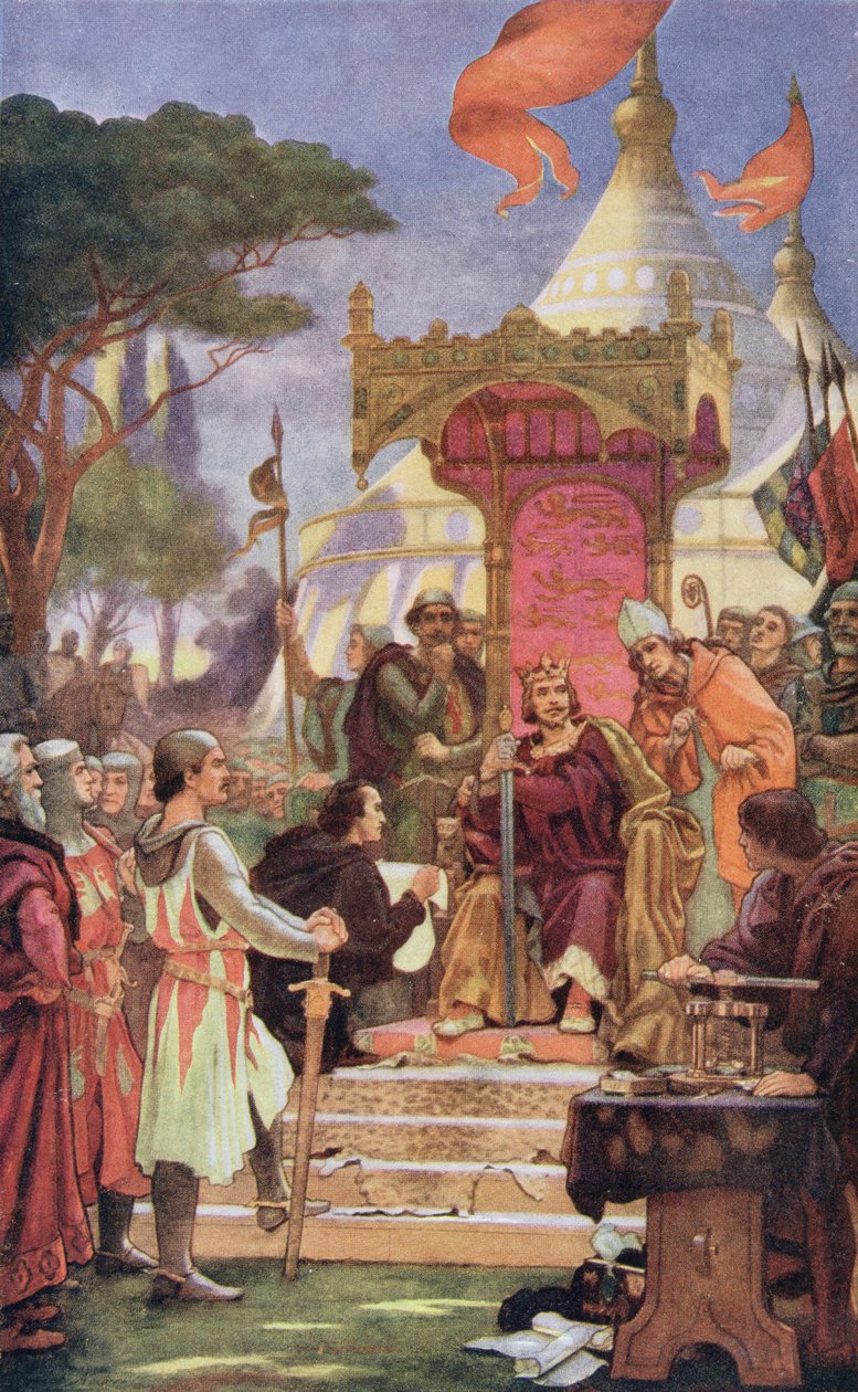 Král Jan (1167-1216) při podpisu Magna Charta, 15. června 1215, ilustrace z „Hutchinsonova příběhu britského národa“ od Ernest Normand
