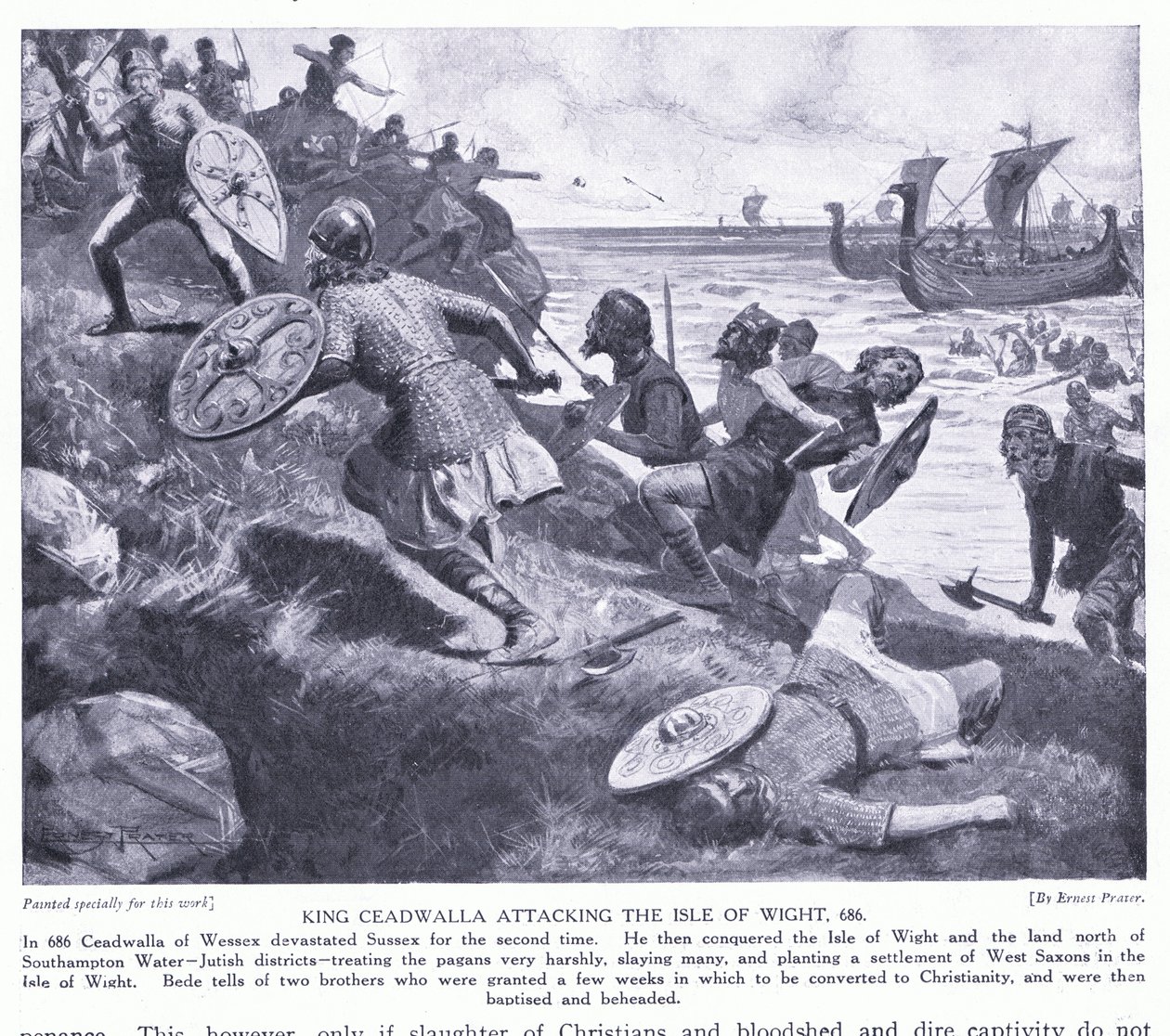 Král Ceadwalla útočí na Isle of Wight AD686, 20. léta 20. století od Ernest Prater