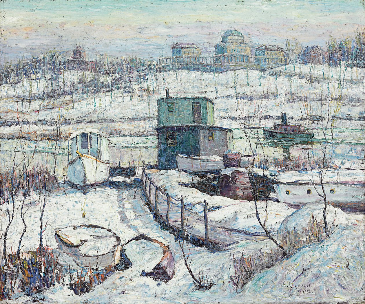 Loděnice, zima, řeka Harlem od Ernest Lawson