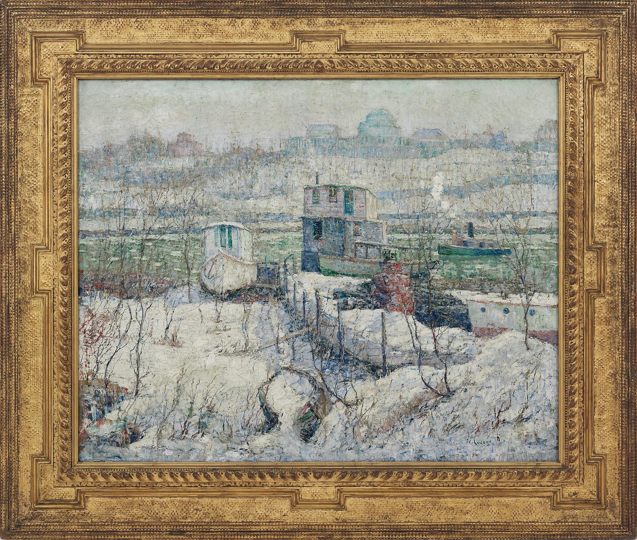 Boathouse, Winter, Harlem River, kolem roku 1916 od Ernest Lawson