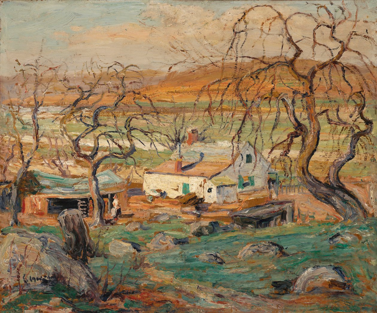 Krajina s pokroucenými stromy (olej na kartonu) od Ernest Lawson