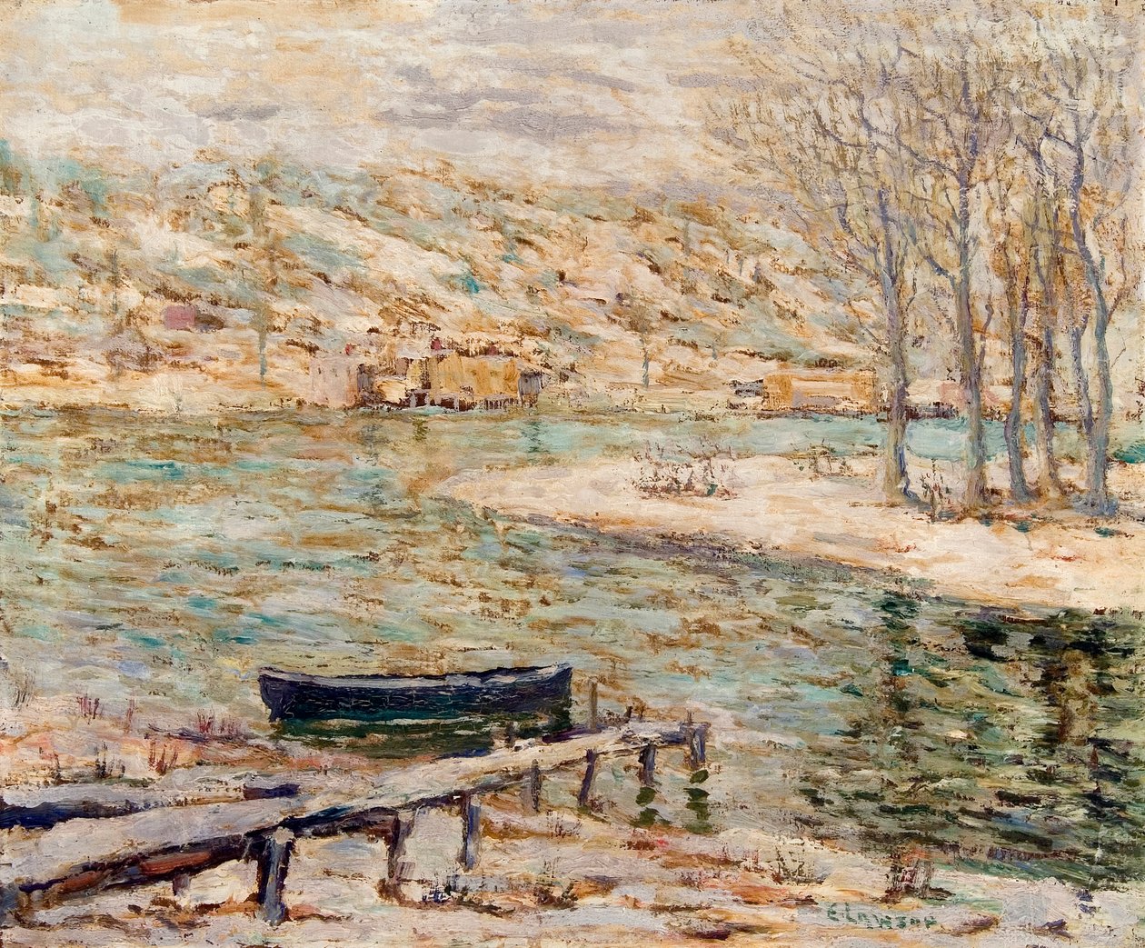 Říční scéna – loď a stromy od Ernest Lawson
