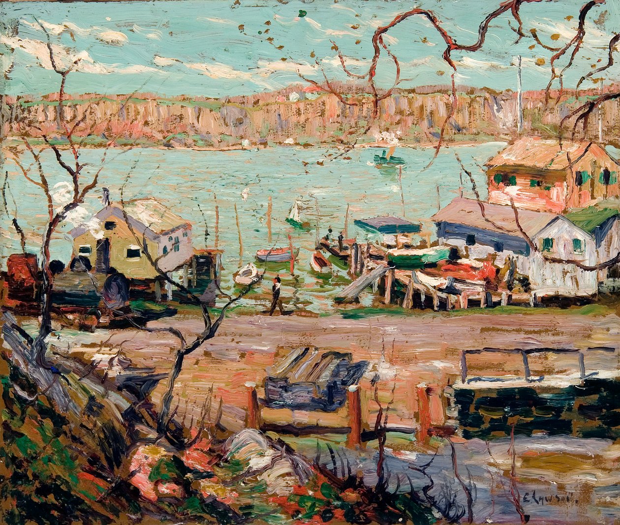River Scene – Lodě a domy od Ernest Lawson