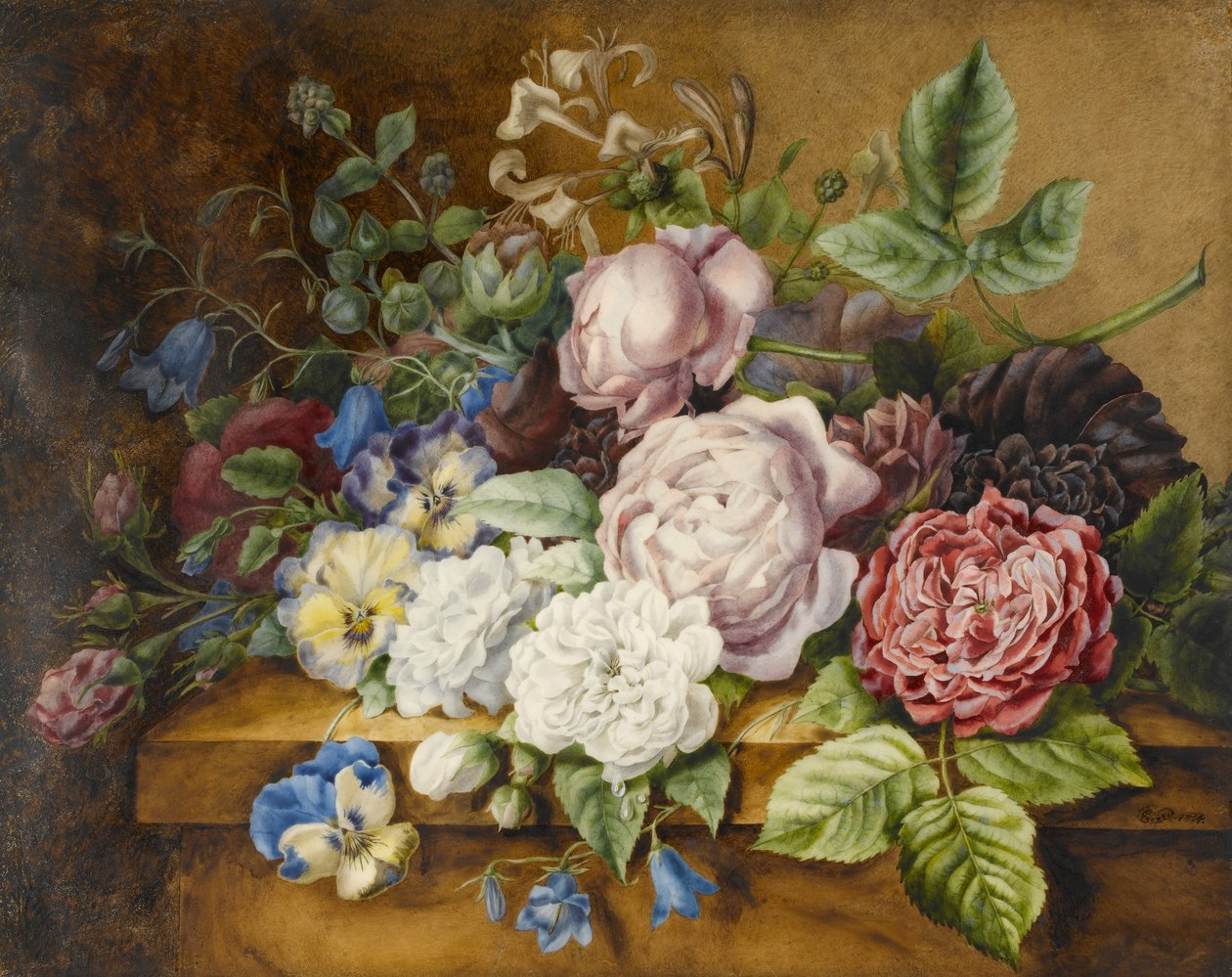 Květiny na římse, 1814 (čb a tělová barva na papíře) od Ernestine Panckoucke