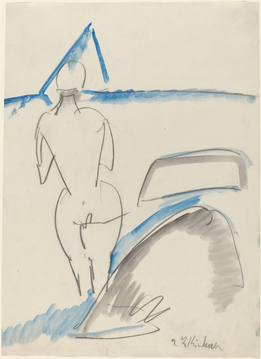 Bather on the Beach, 1912-13 (černá pastelka s modrou a šedou barvou) od Ernst Ludwig Kirchner