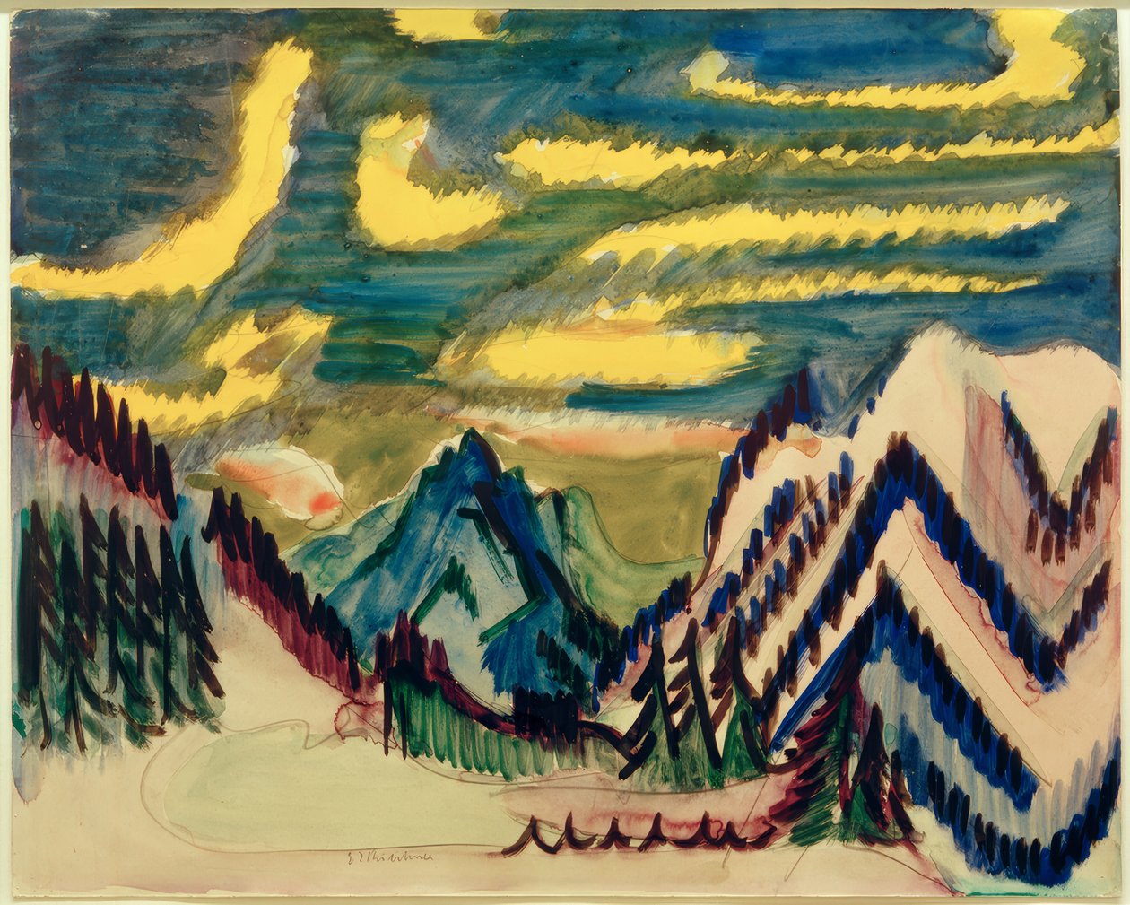 E.L. Kirchner, horská krajina Davosu se žlutými mraky od Ernst Ludwig Kirchner