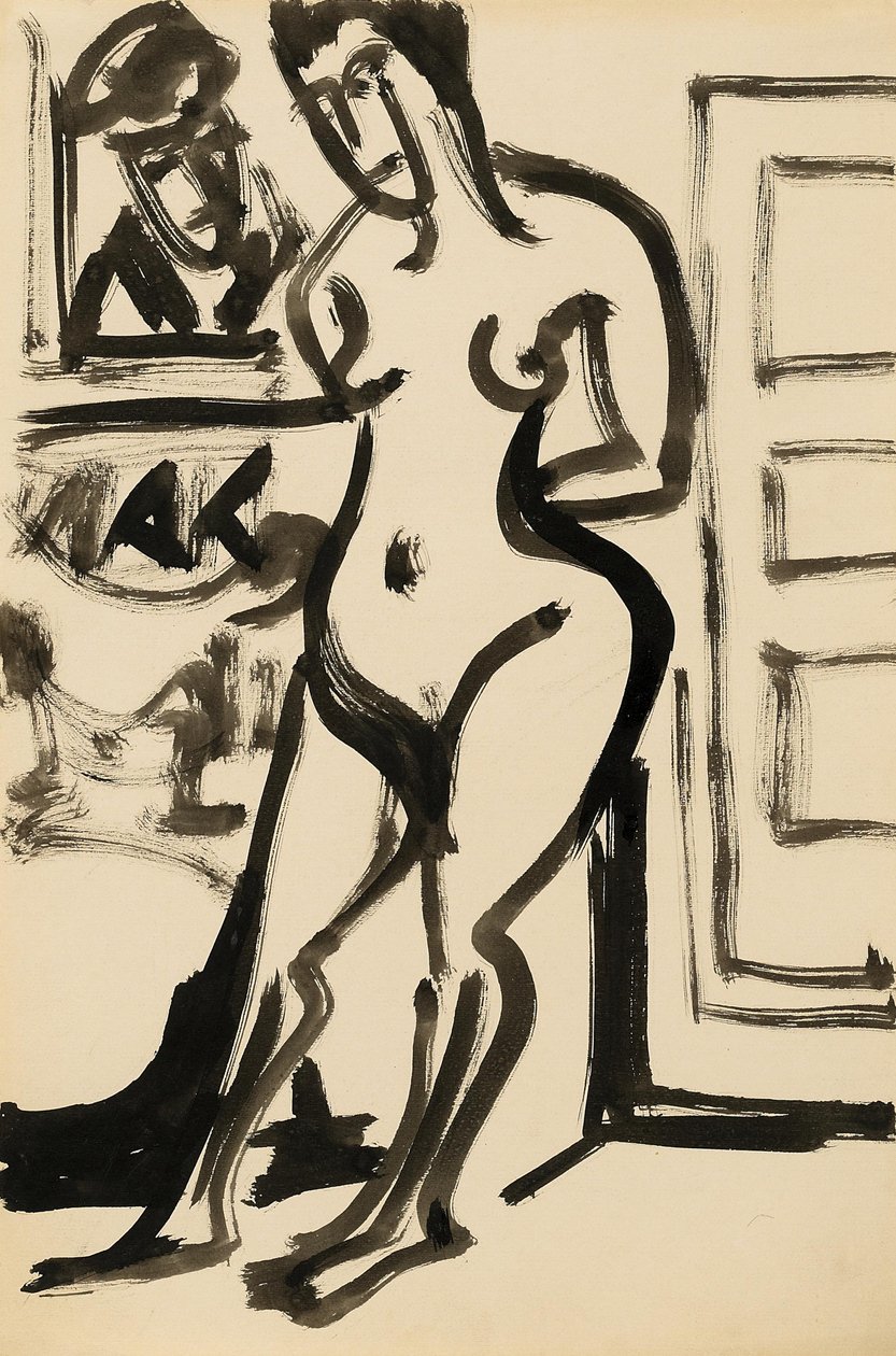 Stojící nahá před obrázkem ve studiu od Ernst Ludwig Kirchner