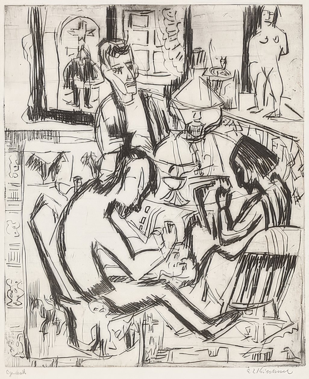 Interiér s lidmi. 1923 od Ernst Ludwig Kirchner