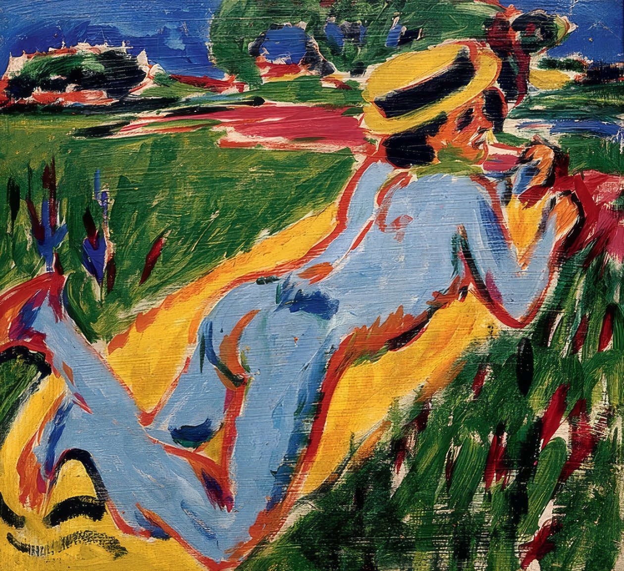 Ležící modrý akt se slaměným kloboukem. 1909 od Ernst Ludwig Kirchner