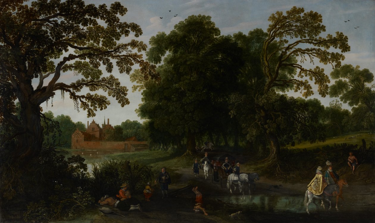 Krajina s dvorským průvodem před hradem Abtspoel, 1619 od Esaias van de Velde
