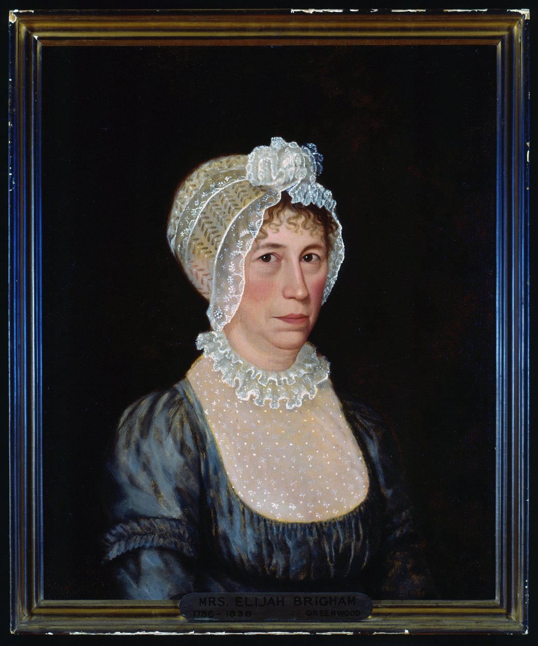 Poloviční portrét Sarah Ward Brigham v nízkých šatech s krajkovými detaily a krajkovou kapucí. od Ethan Allen Greenwood