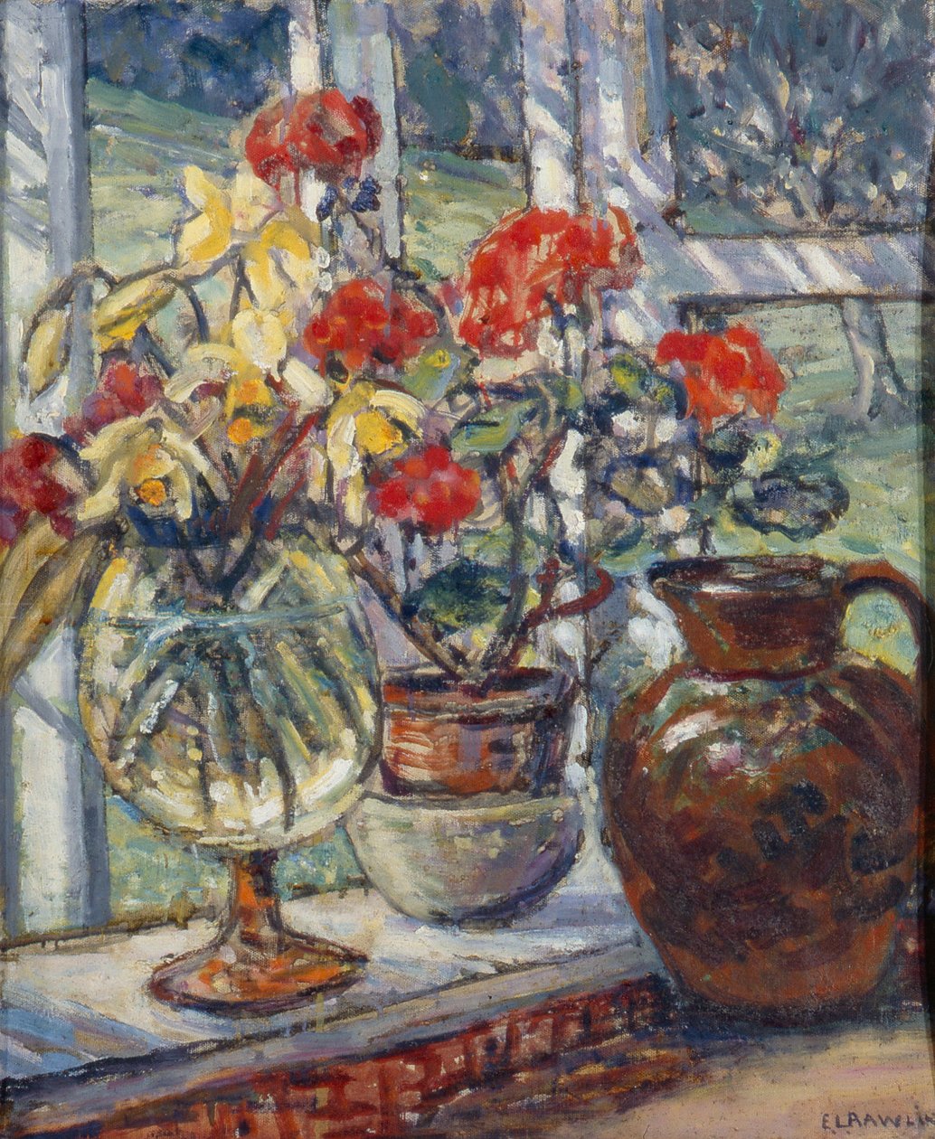 Muškáty (olej na plátně) od Ethel Louise Rawlins