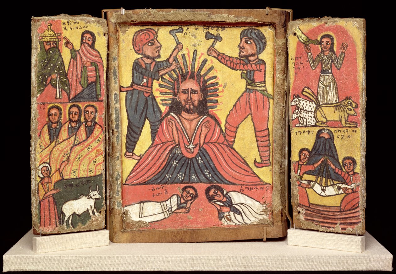 Dvojitý triptych, kultura Amhara (gesso a pigment na plátně) (viz také 212138) od Ethiopian School