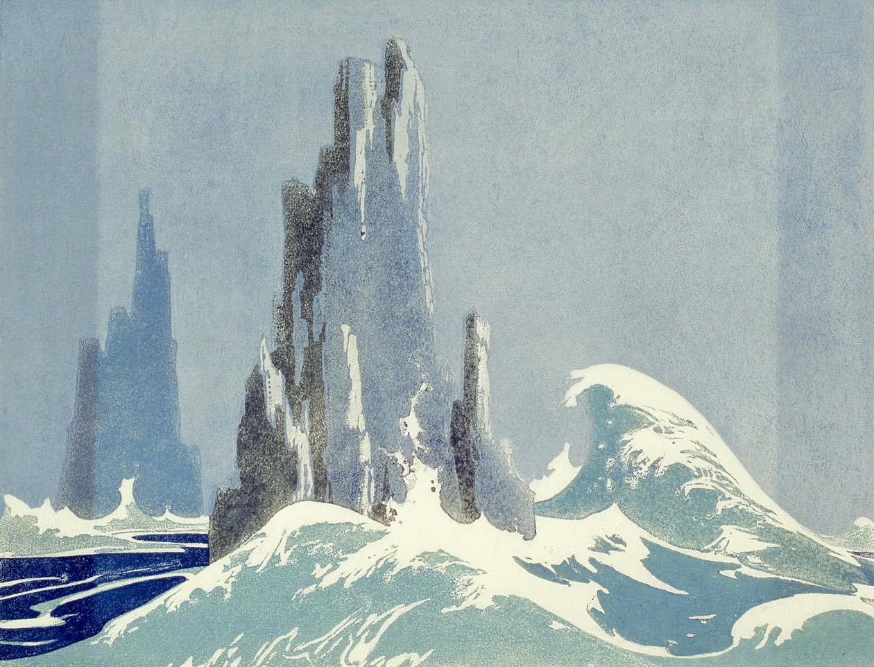Cathedral Rocks, Tasmánie, 1939 (linoryt) od Ethleen Palmer