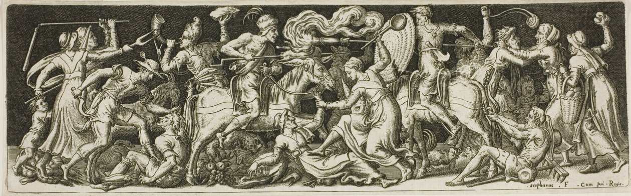 Groteskní bitva, od Combats and Triumphs od Etienne Delaune