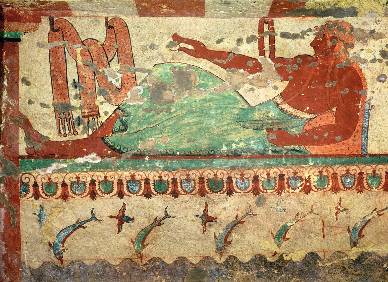 Host na smuteční hostině držící v ruce vejce, z Hrobky lvů, cca 520 př. n. l. (nástěnná malba) od Etruscan