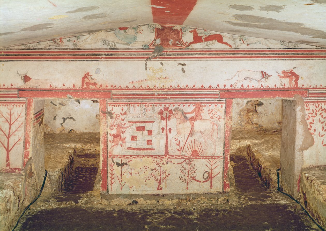 Achilles přepadá Troila, z Hrobky býků, cca 550 př.nl (nástěnná malba) od Etruscan