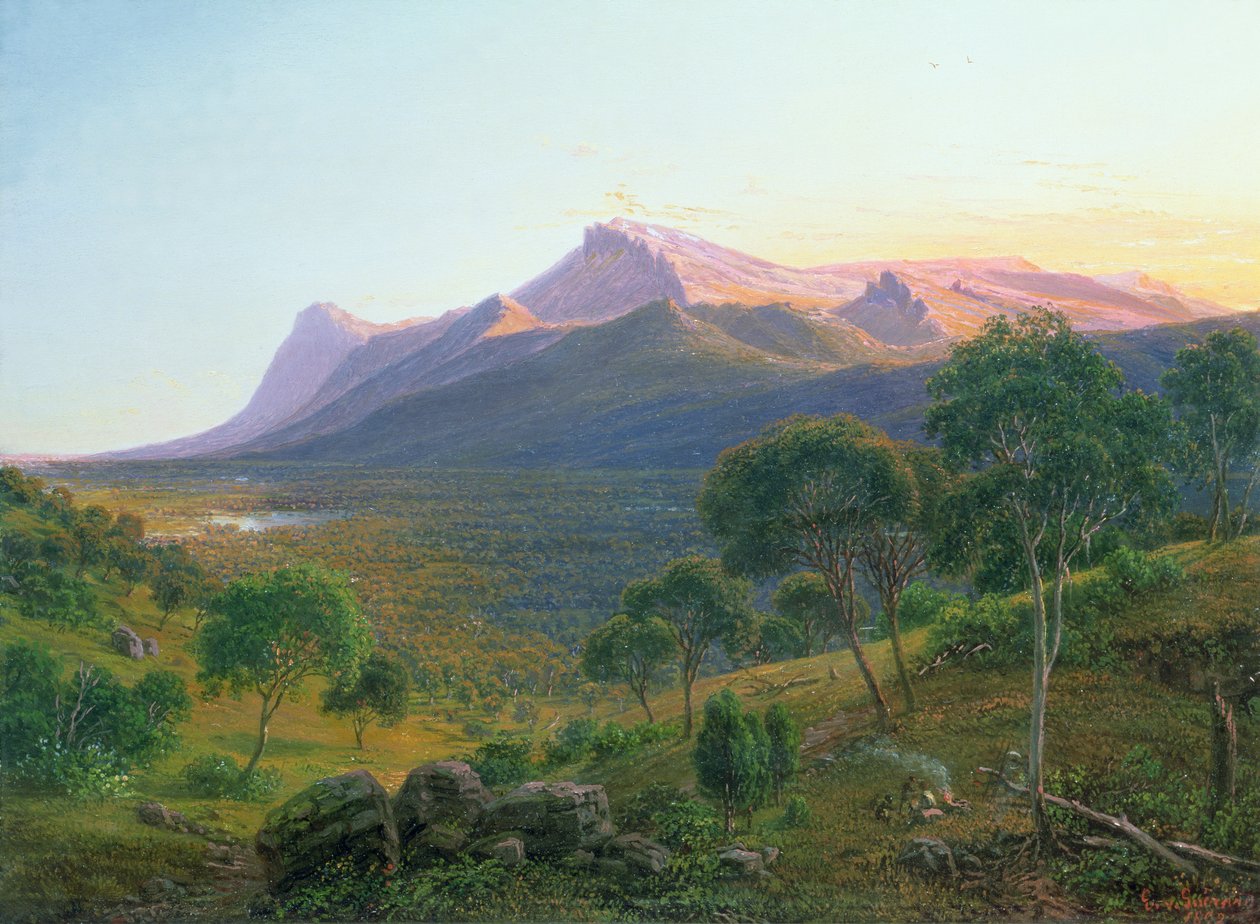 Domorodci u ohně před Mount William, jak je vidět z Mount Dryden v Grampians, Victoria, 1892 (olej) od Eugene von Guérard