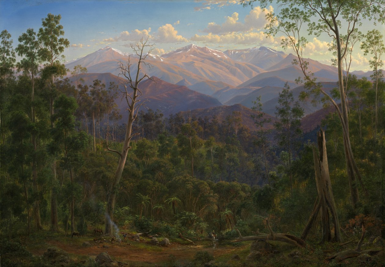 Mount Kosciusko, při pohledu z viktoriánské hranice (Mount Hope Ranges) od Eugene von Guérard