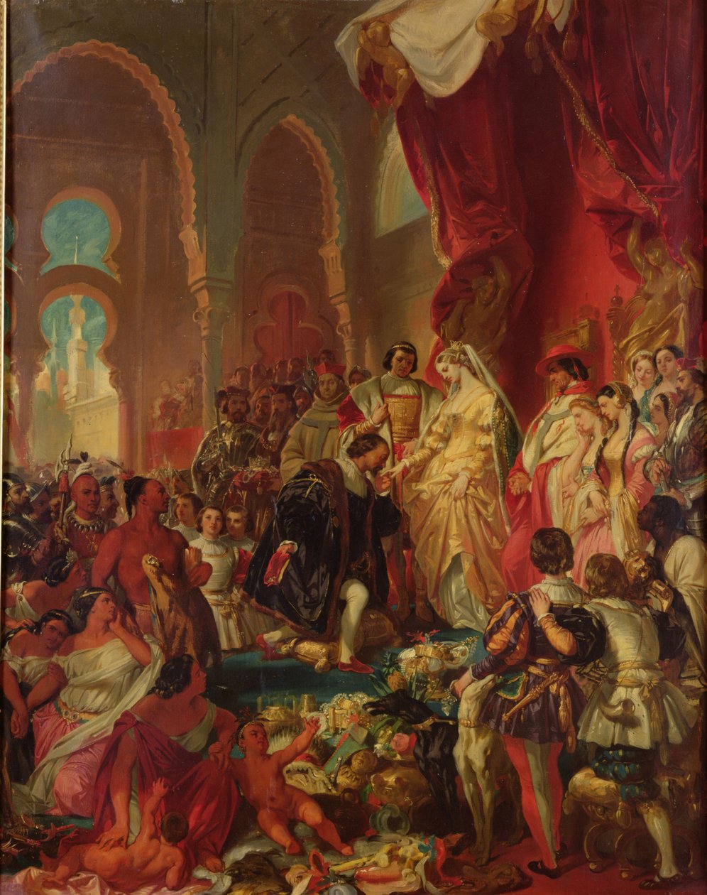 Kryštof Kolumbus (1450-1506) Před Ferdinandem II. (1452-1516) Aragonským a Isabelou (1451-1504) Kastilskou, 1861 od Eugene Deveria
