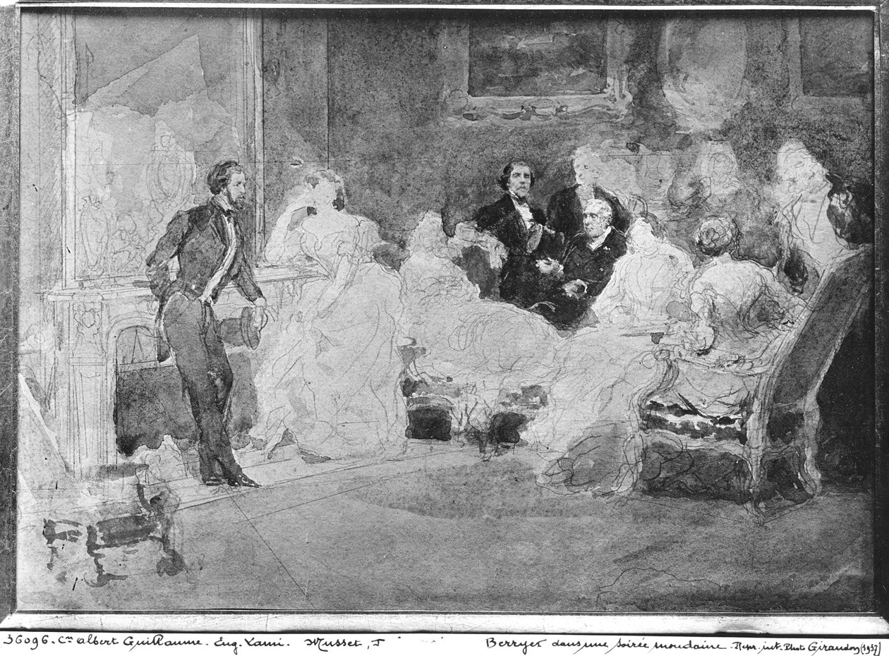 Alfred de Musset (1810-57) Eugene Delacroix (1798-1863) a Pierre Antoine Berryer (1790-1868) na společenském večeru kolem roku 1840 od Eugene Louis Lami