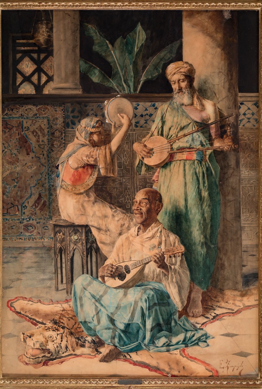 Tři přehrávače orientální hudby (tempera na papíře) od Eugenio Zampighi
