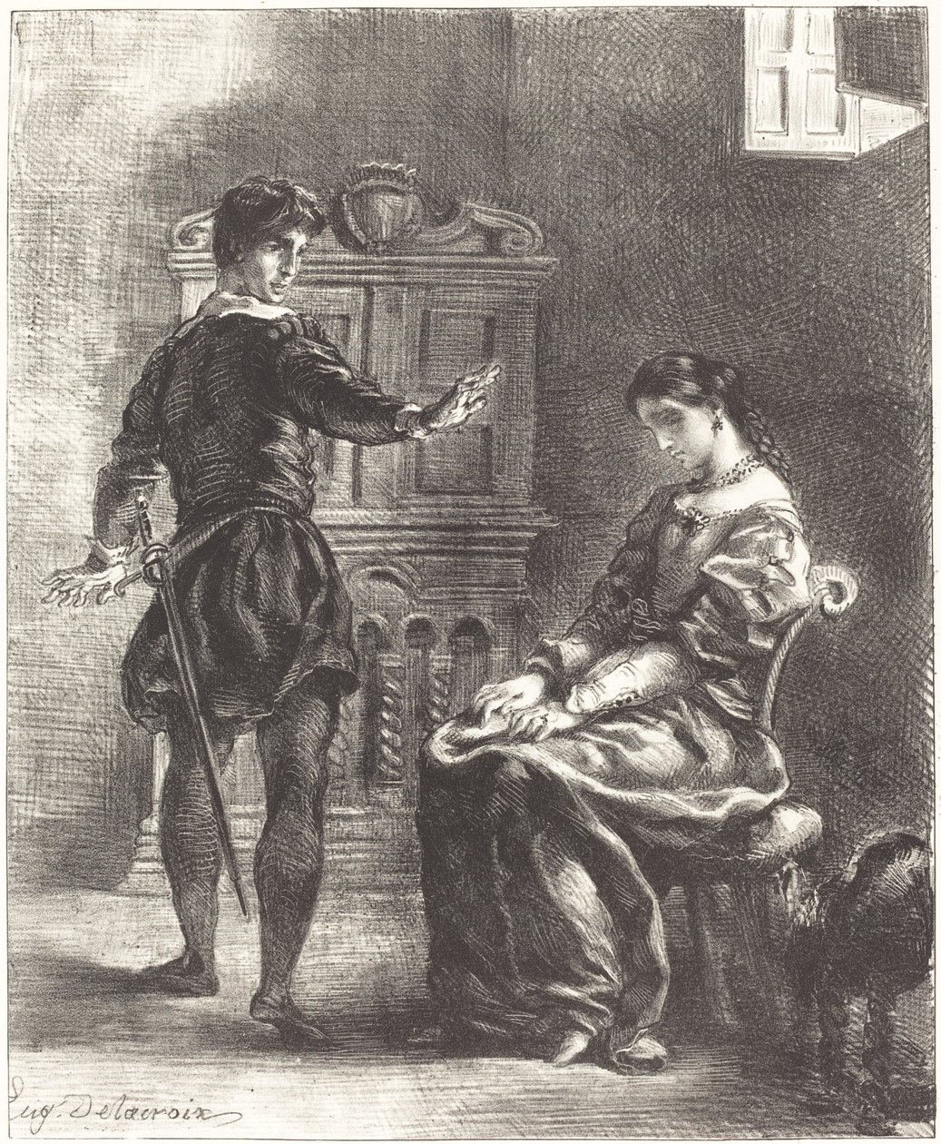 Hamlet a Ofélie (3. dějství, scéna I) od Eugène Delacroix