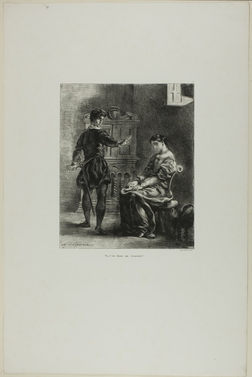 Hamlet a Ofélie, deska 5 z Hamleta od Eugène Delacroix