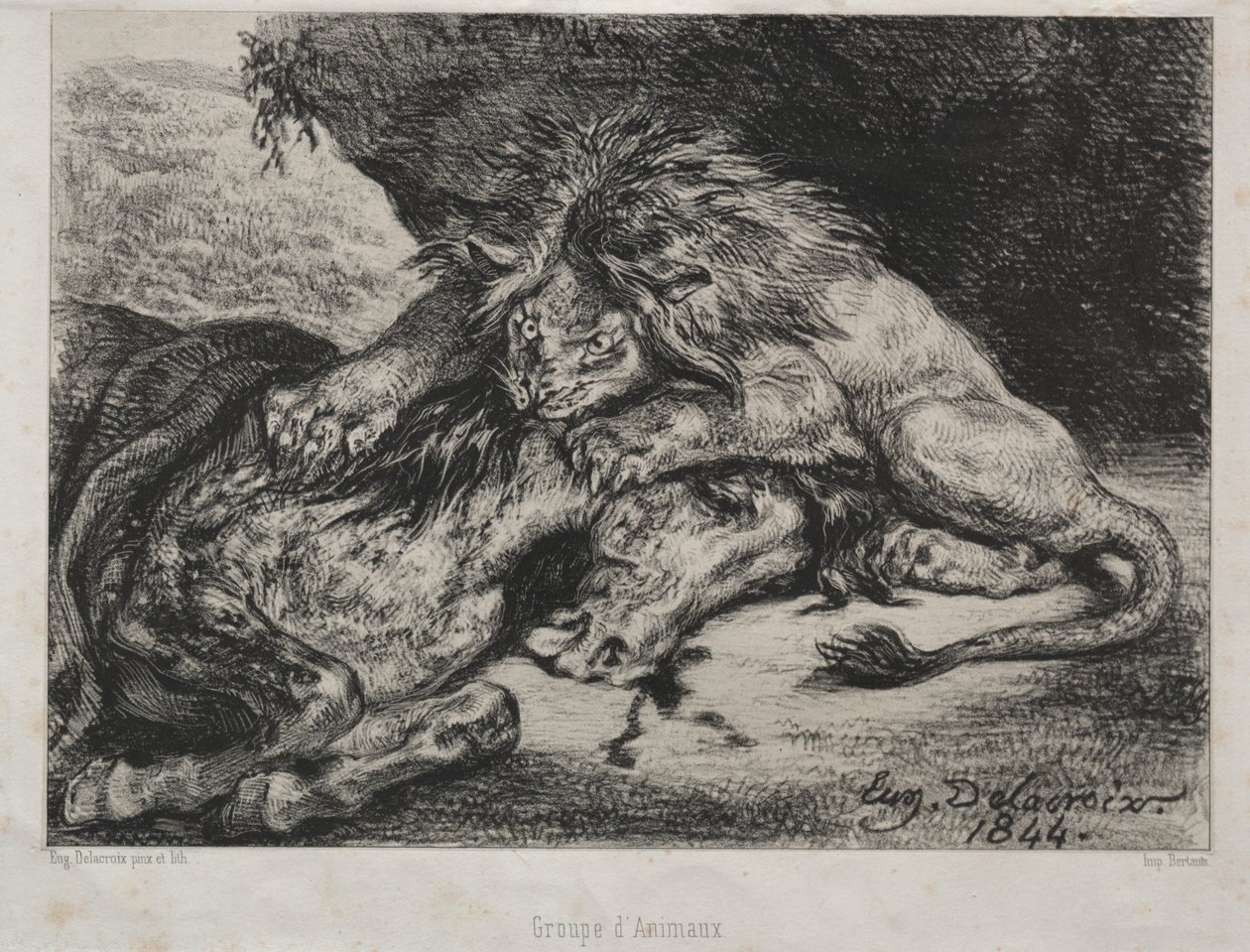 Lev požírající koně od Eugène Delacroix