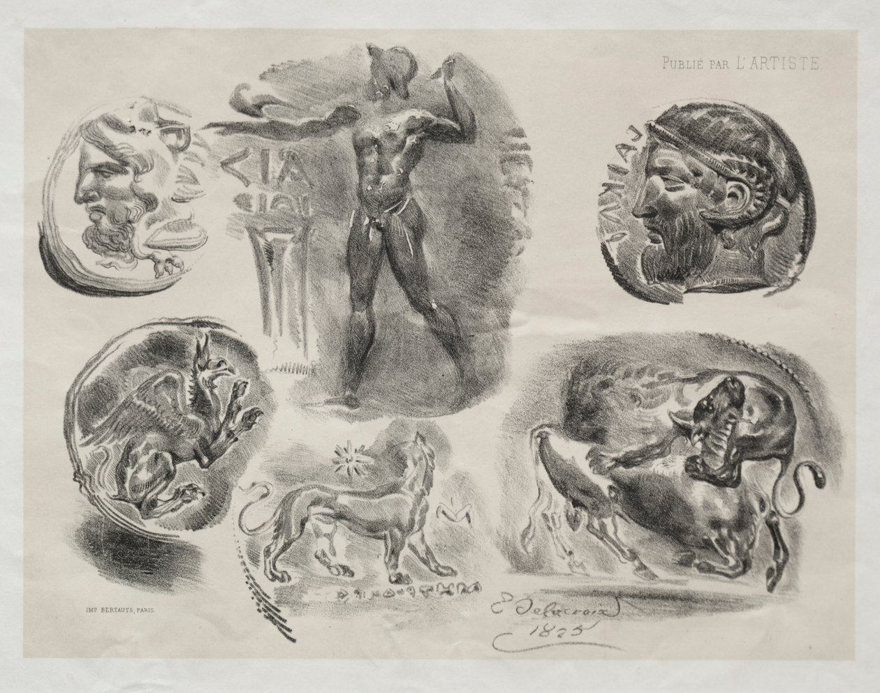 List se šesti starožitnými medailemi od Eugène Delacroix