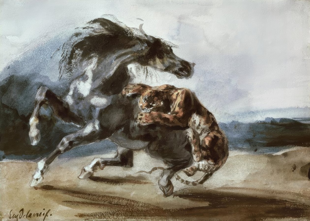 Tygr útočí na divokého koně od Ferdinand Victor Eugene Delacroix