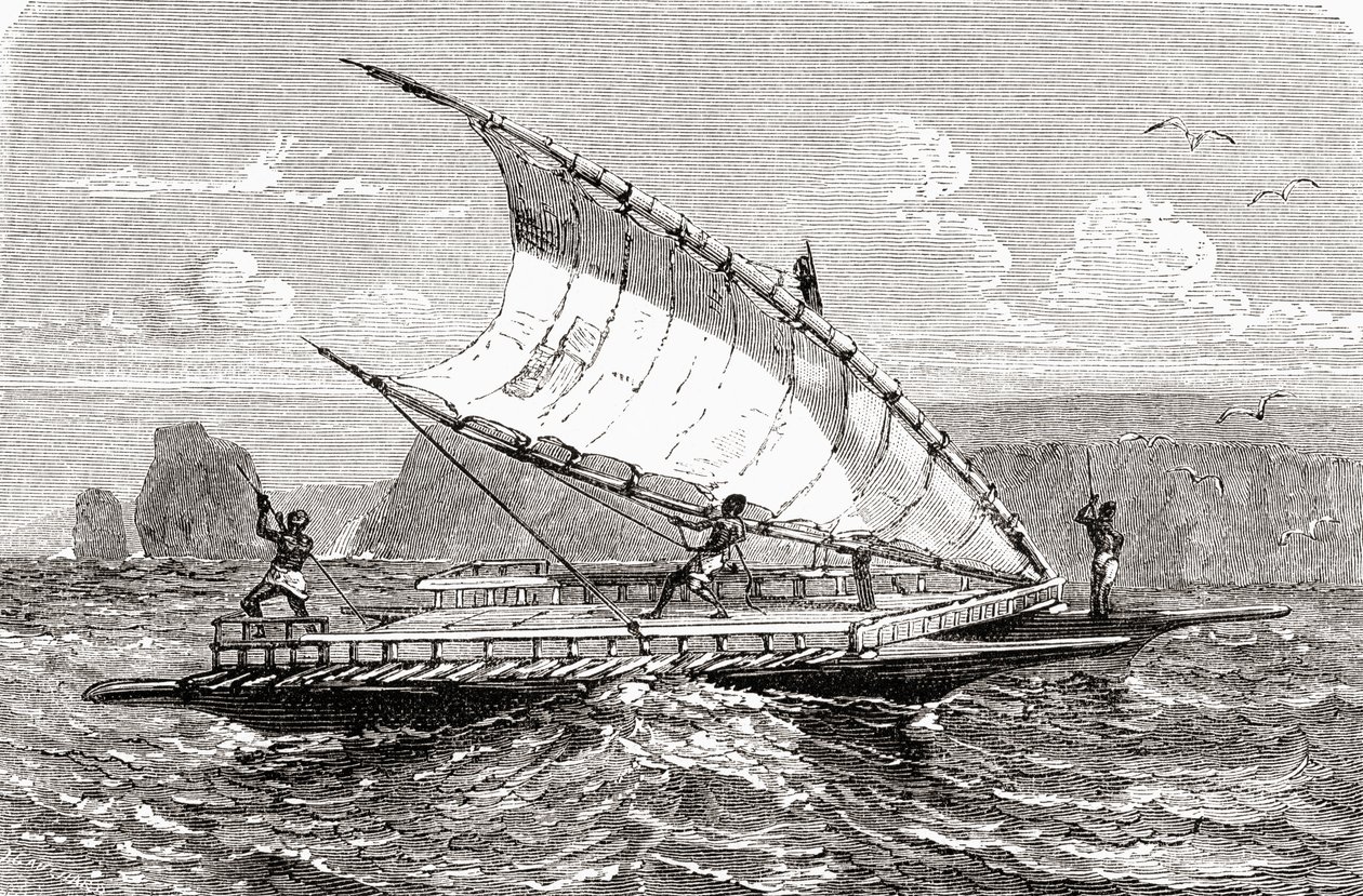 Novokaledonská dvojkanoe, z knihy "El Mundo en la Mano", vydané v roce 1878. od European School