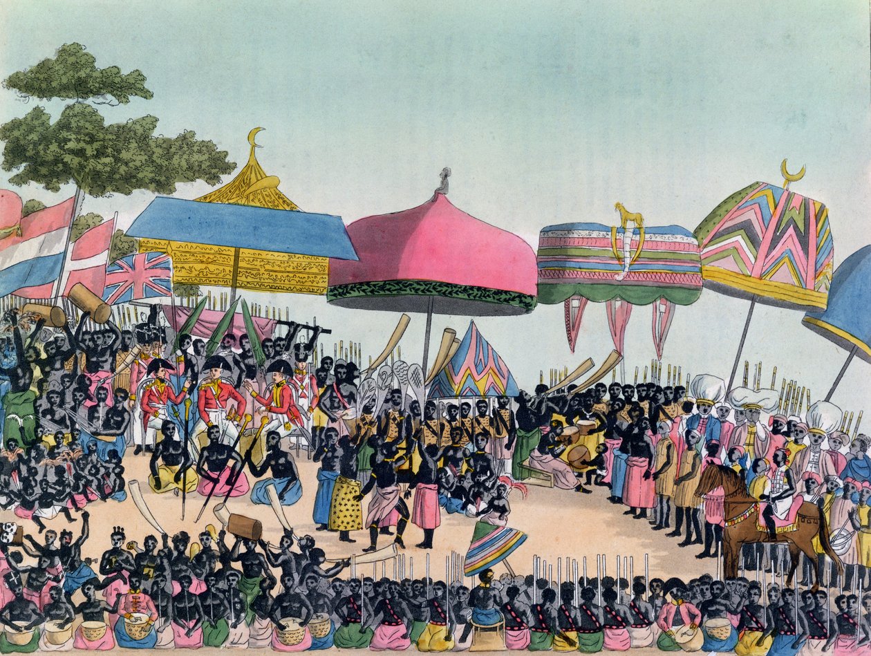 Přijetí pro anglického velvyslance v držení Ashanti v Comassi, Ghana, kolem roku 1818, vyryto A. Biasioli od European School
