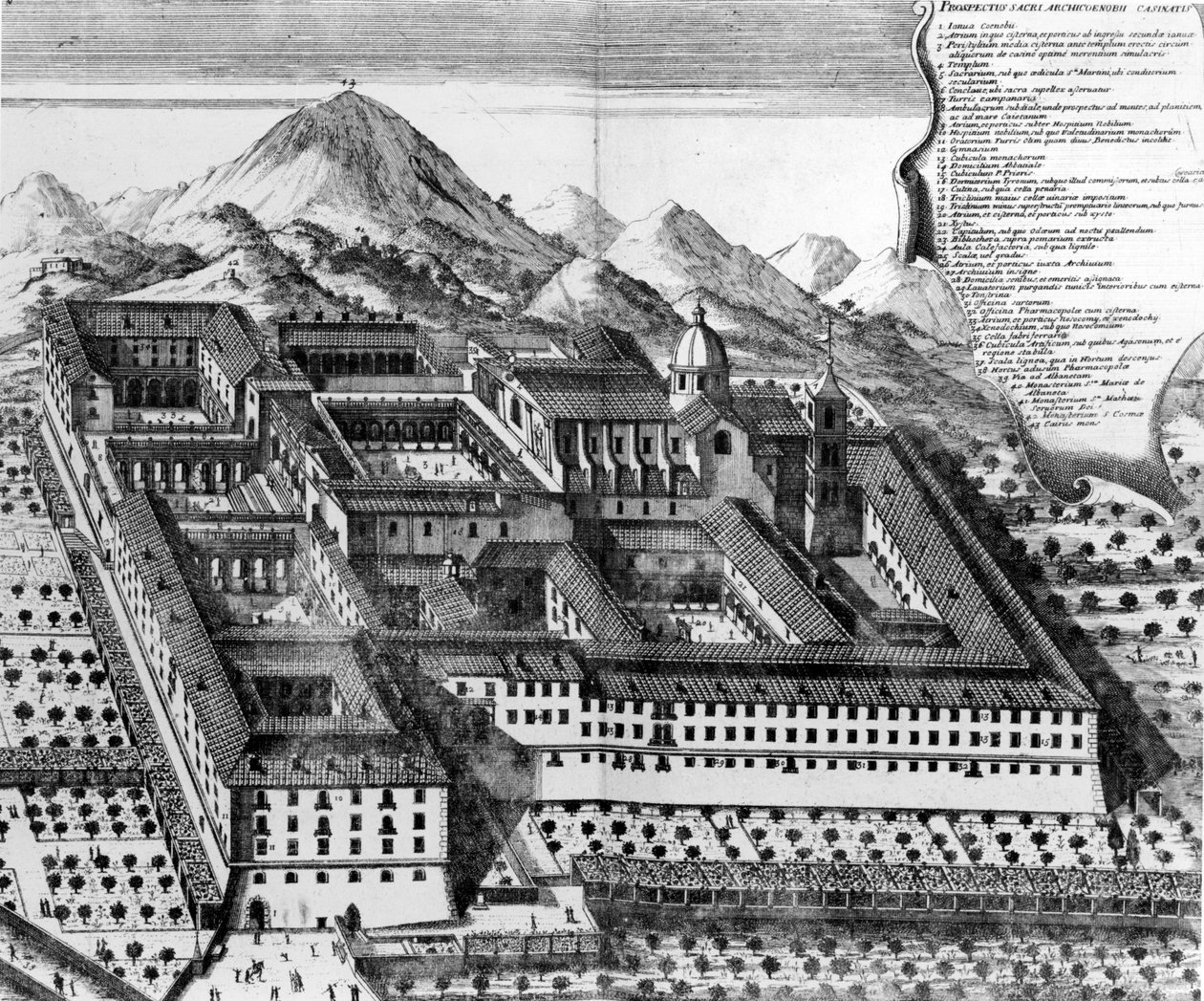 Letecký pohled na Monte Cassino, Itálie rytina) od European School