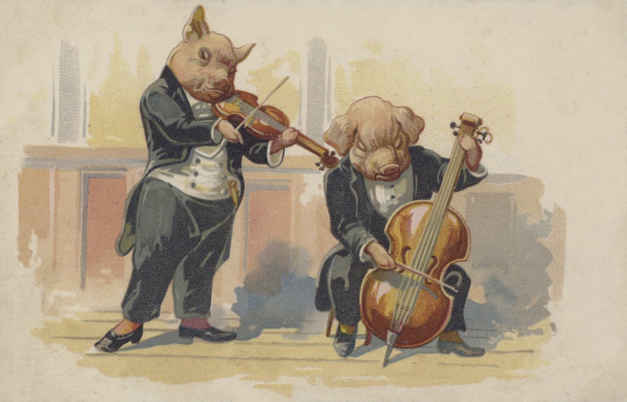 Dvě prasata hrající na hudební nástroje (barevná litografie) od European School
