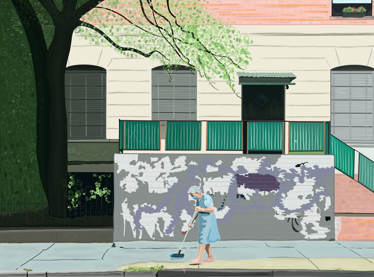 Žena zametající chodník, Brooklyn (digitální umění) od Evan Sklar