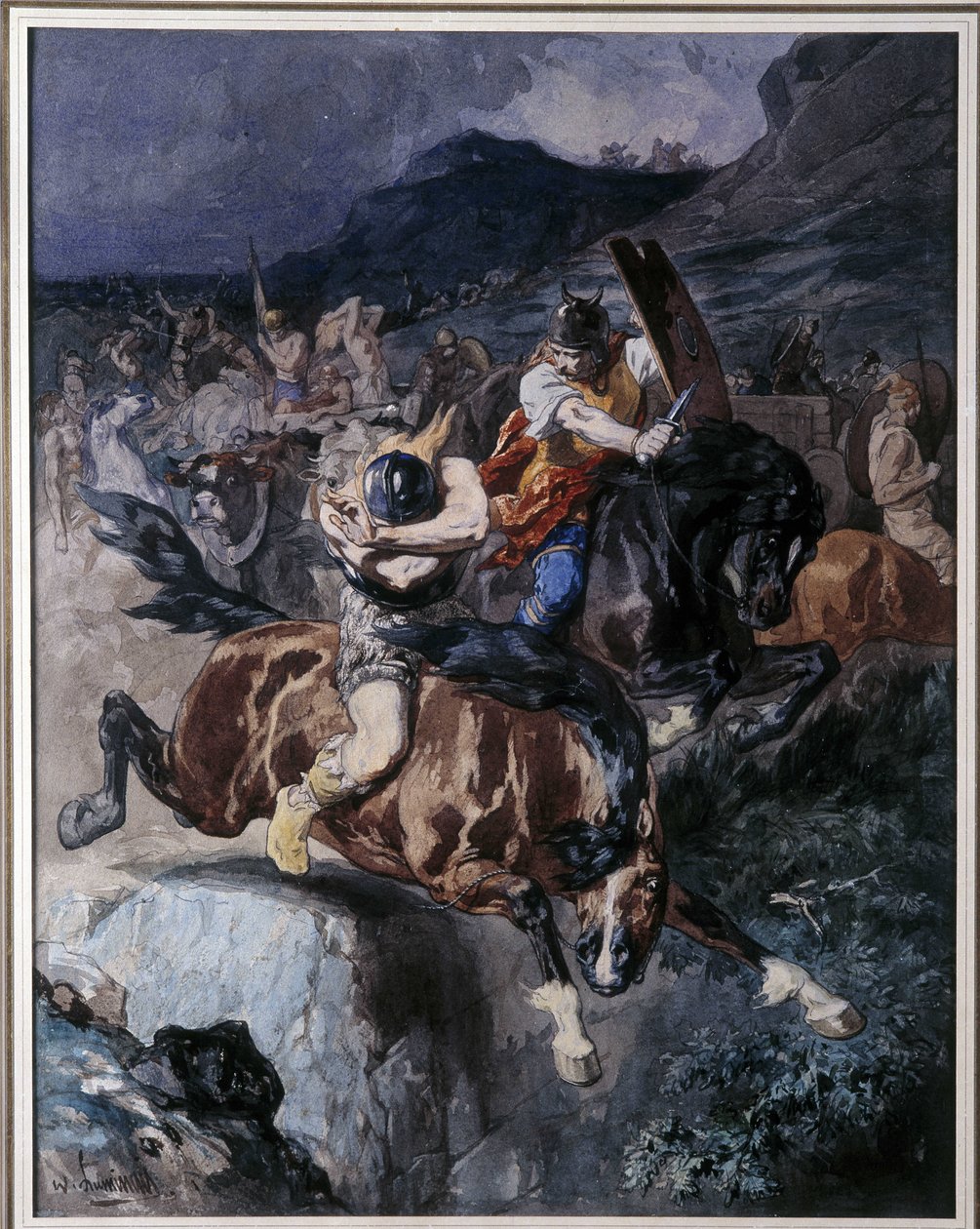 Boj franských jezdců (akvarel) od Evariste Vital Luminais