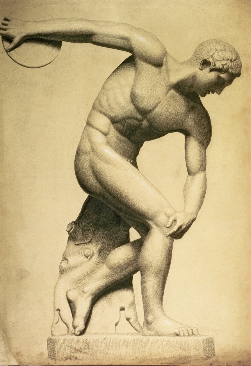 Diskomet, kresba klasické sochy, cca 1874 (tužka, pastelka na papíře) od Evelyn De Morgan
